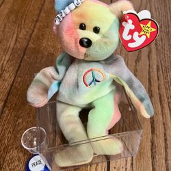 1996 Vintage TYCO Peace Bear - Beanie Babies- W/ Extras