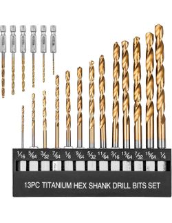 New 19 PCS Hex Shank Drill Bit Set, 1/16"-1/4" HSS Titanium Coated Twist Bits.