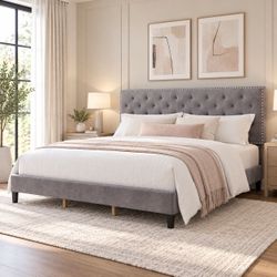King Size Button Tufted Gray Velvet Upholstered Bed Frame