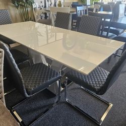 Brand New White Glass Modern Dining Table + 6 Black Faux Leather Chairs 