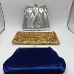 Vintage Evening Bags Lot – 3 Pieces Silver Gold Blue Velvet Clutch Purse Set