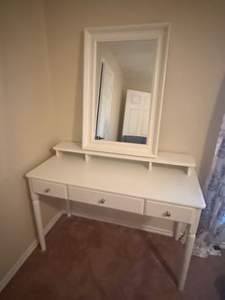 IKEA white vanity, mirror, and chair for sale!