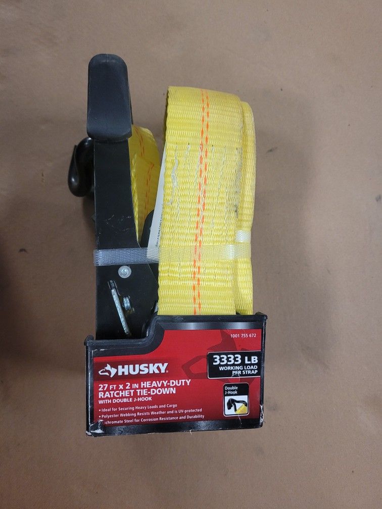 Husky 27ft X 2" Heavy-Duty Ratcheting Tie Dow with Double J-Hook