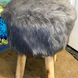 Grey Furry Wooden Stool