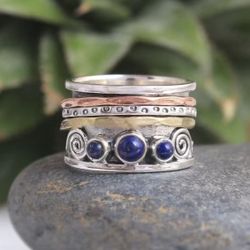Lapis Lazuli  Ring, Three Tone Ring, Boho, Anxiety Spinning Band,Silver sz 8