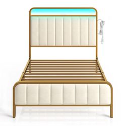 Twin Size Bed Frame Gold Upholstered w/ LED Lights + USB Charging and Memory Foam Mattress