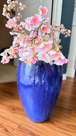Large Heavy Ceramic Vase with Faux Cherry Blossom Floral Arrangement