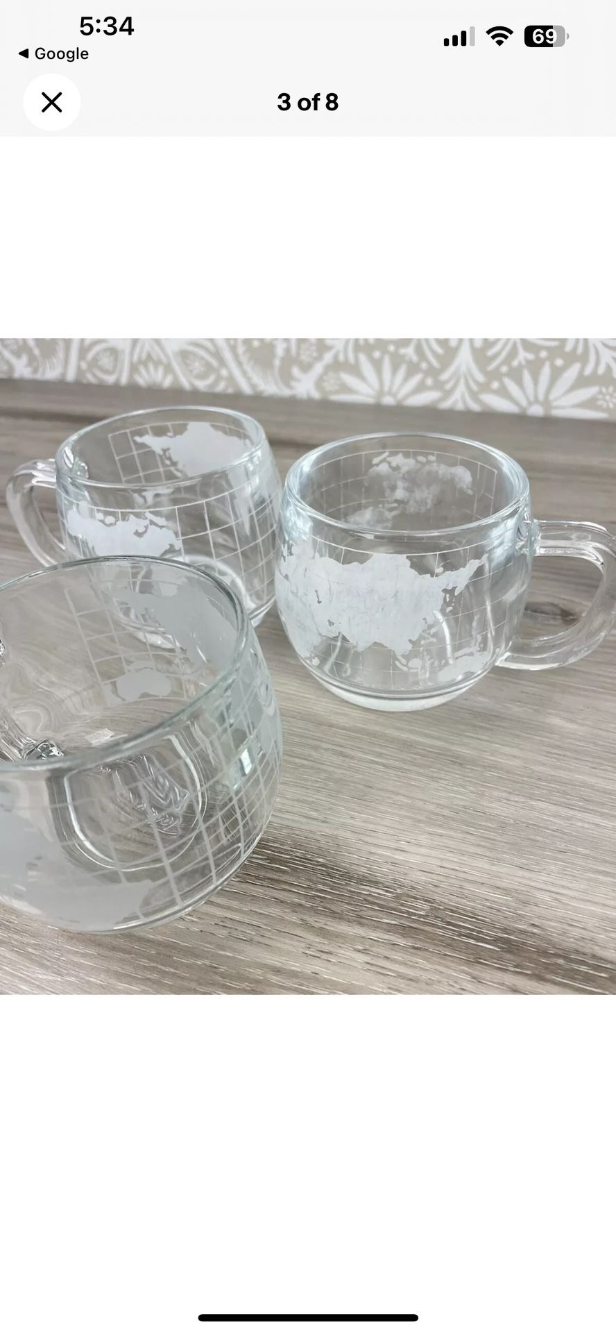 Vintage NESTLE NESCAFE Etched Clear Glass World Globe Map Coffee Mugs & Sugar & Creamer