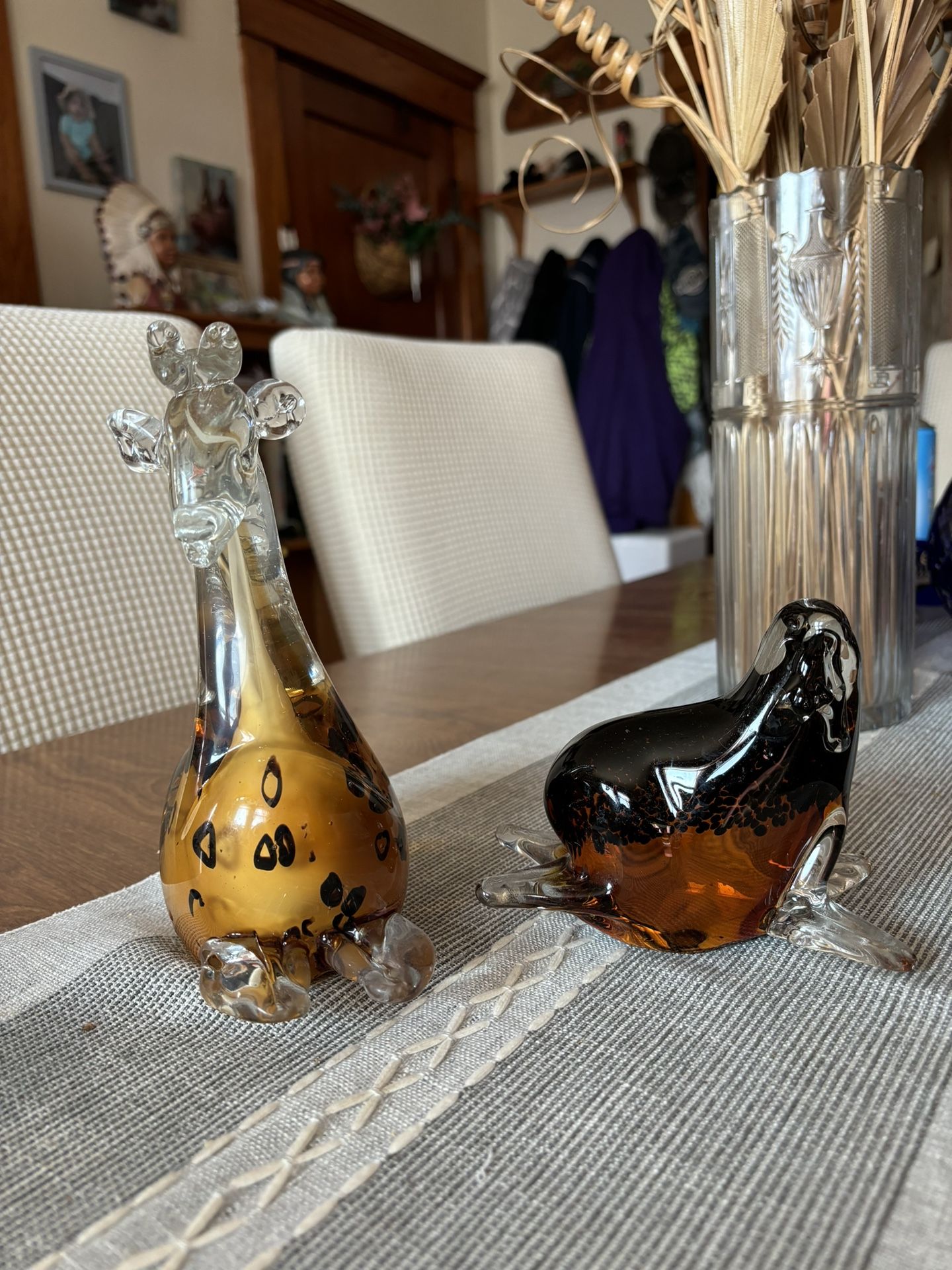 Large Hand Blown Amber Art Glass Walrus & Giraffe Figurine/Statue/Paperweight 5"