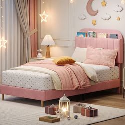 Twin Bed Frame with Upholstered Headboard