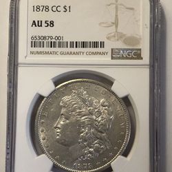 1878-cc NGC AU-58 Morgan Silver Dollar, tough find in this condition. Very nice