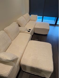 150” Oversized U-Shaped Modular Sectional Sofa – 6-Seater Cloud Couch with USB Charging & Storage Console (Beige)