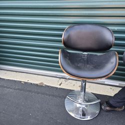 Modern Designer Bar Stool – Adjustable Swivel Black Leather Wood Chrome