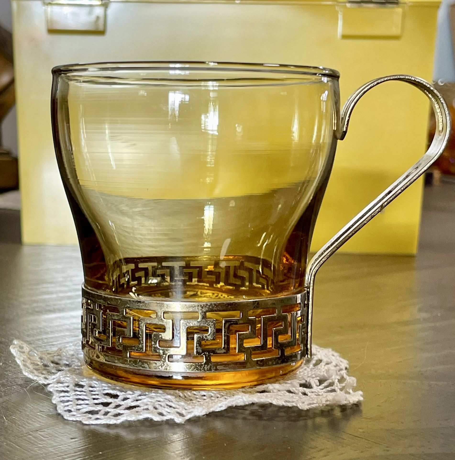 Mid-Century Libbey Greek Key Continental Glass Cup With Gold Tone Metal Holder