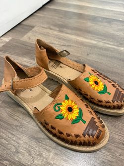 Leather Huarache Sandals with Sunflower Embroidery