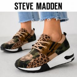 Steve Madden “Cliff” Mixed Print Camo Leopard Sneakers in Khaki/Beige US8.5