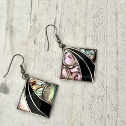 Abalone Square Silver Drop Earrings 