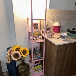 Pink Shelving Unit With Lamp