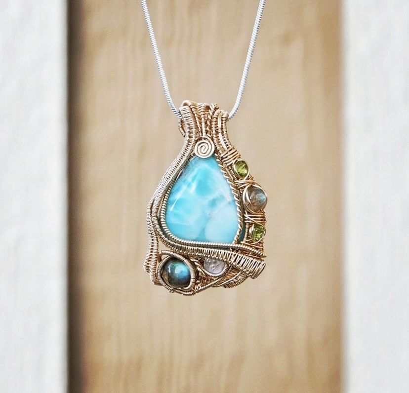 Handmade 14k Gold Necklace With Larimar + Other Gemstones