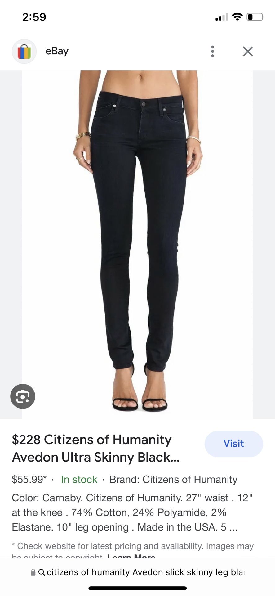 Citizens of humanity women’s Avedon slick skinny leg jeans pants black size 29