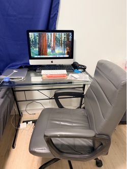 Glass study desk, office chair, iMac 2019 with mouse , black keyboard