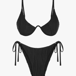 ZAFUL Women's Bikini Sets Ribbed Two Piece Swimsuits Underwire Adjustable Back Clasp Bathing Suit Side Tie Thong Swimwear