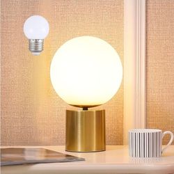 11 Inch Modern Mid Century Gold Globe Table Lamp, Round Bedside Nightstand Lamp with White Glass Shade Metal Base Desk Lamp for Bedroom Living Room En