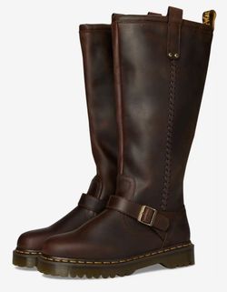 Dr. Martens Anistone Brown Leather Knee High Biker Boots, US 8 Womens, 7 Men New