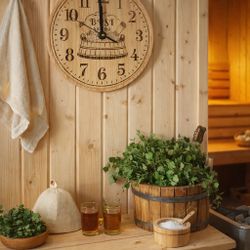 Best Sauna Clock | Round Wood Wall Clock | Rustic Steam Room Lounge Decor | Hand