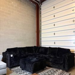 Black Fluffy Sectional Sofa With Free Ottoman