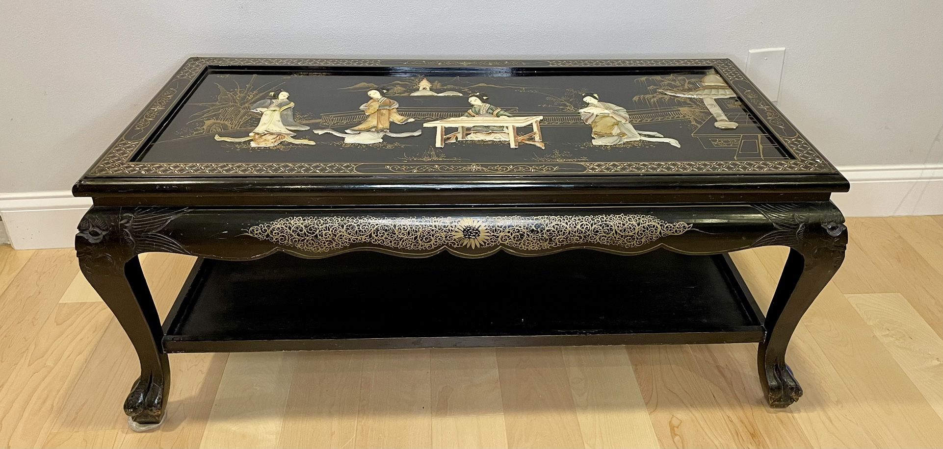 Vintage Black Lacquer Asian Coffee Table With Glass Top