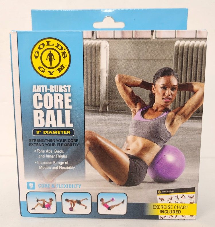 Golds Gym Anti-Burst Core Ball 9" Diameter Purple with Exercise Chart, New. Bonus - Exercise Bands