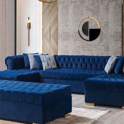 🚚Ask 👉Sectional, Sofa, Couch, Loveseat, Living Room Set, Ottoman, Recliner, Chair, Sleeper. 

✔️In Stock 👉Lauren Blue Velvet Double Chaise Sectiona