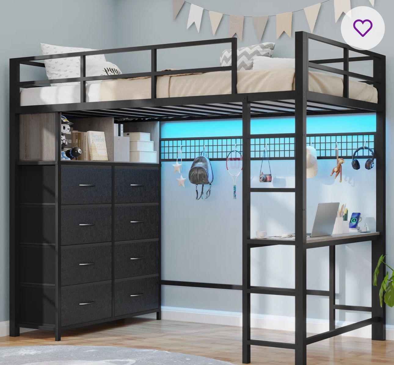 loft/bunk bed with desk and drawers under 