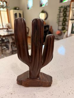 Hand-Carved Wooden Cactus Figurine