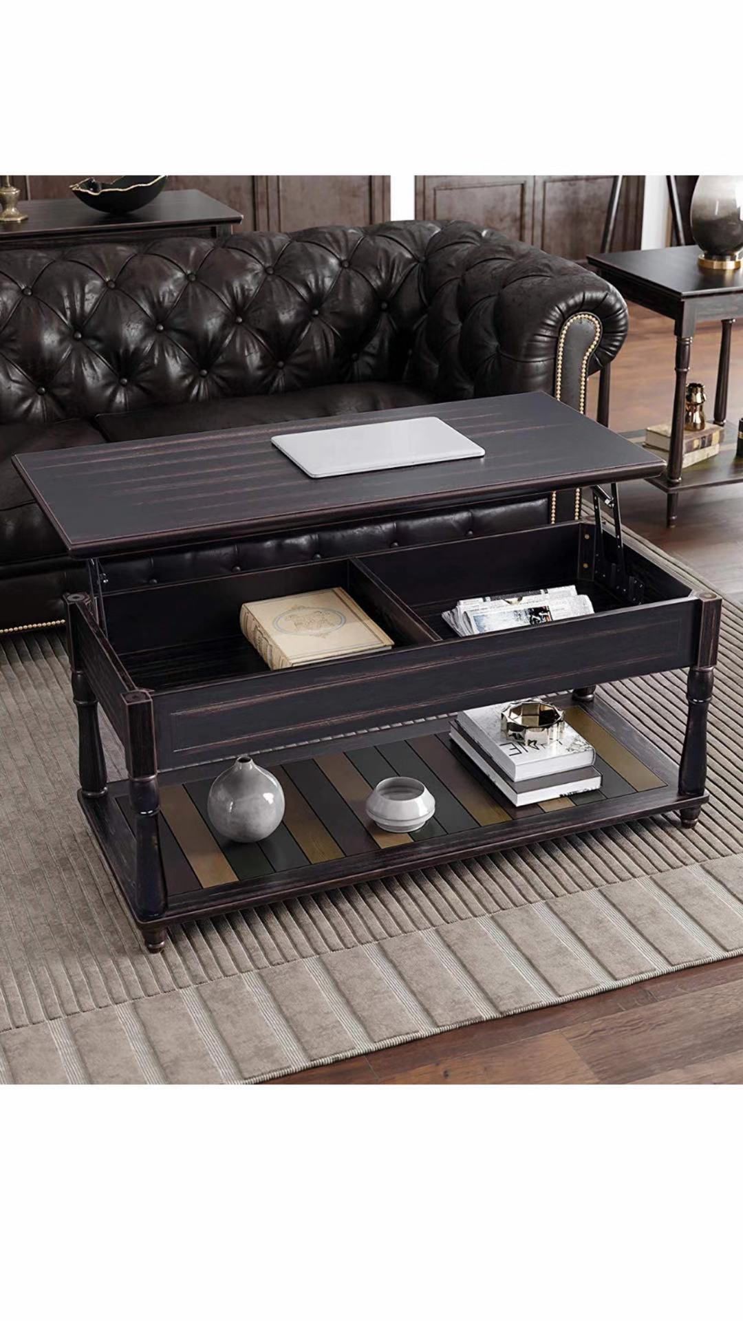 Lift-Top Coffee Table with Turned Real Wood Legs and Lower Shelf, 2 Hidden Storage Compartment, Assembly Without Tools for Living Room Home Office Di