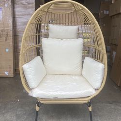 New Indoor/ Outdoor Wicker Egg Chair Oversized Indoor Outdoor w/ Steel Frame, 440lb Capacity, Ivory 