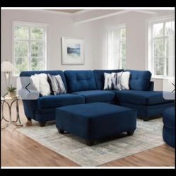 Navy Blue Couch Set With Otteman and Pillows