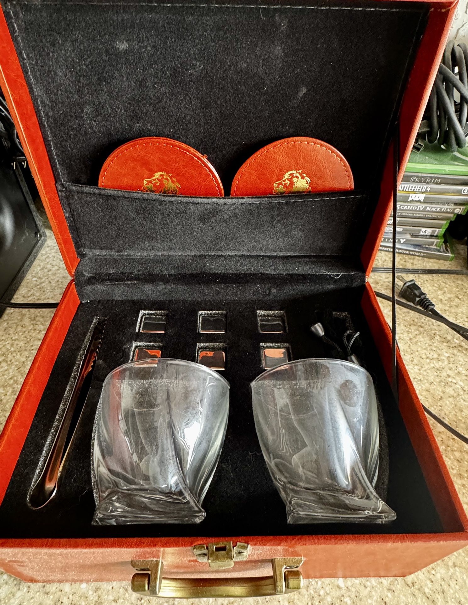 Whisky Glasses In Leatherette Box, w/ Stainless Steel Ice Cubes