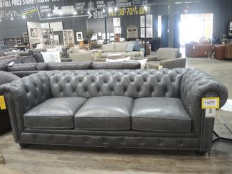 Nicelink Frankfurt Gray Leather Chesterfield Roll-Arm Sofa