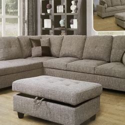 Grey Linen Sectional Couch And Ottoman 