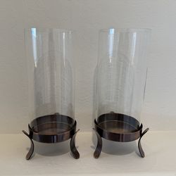 Glass Hurricanes With Copper Bases  - Set Of 2