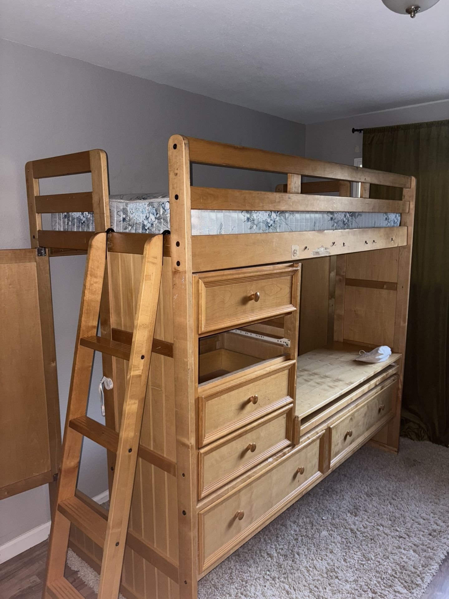 Twin Oak Wood Loft Bed With Drawers