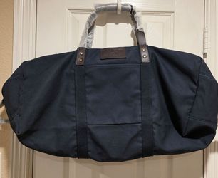 Lands End Navy Blue Canvas & Brown Leather Weekender Duffle Bag Tote NEW