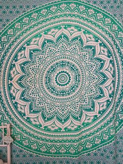 large light blue and white wall tapestry