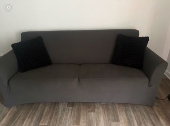 Gray Fabric 3-Seat Sofa, pillows and lamp
