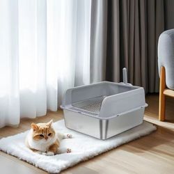 Stainless Steel Litter Box with Lid, High Sides Metal Litter Box System for for Big Cats, Anti-Leakage,