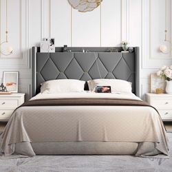 Queen size Upholstered Bed Frame with Wingback Storage Headboard & Charging Station, Platform Bed with Diamond Tufted Design & Gold Trim, No Box Sprin