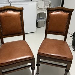 Antique Restored Wood And Leather Stools Dining Chairs 