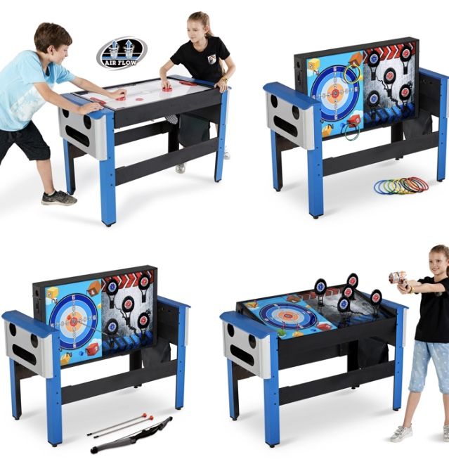 MD Sports 48" 4 In 1 Swivel Combo Game Table, Air Powered Hockey, Archery, Target Shooting and Ring Toss, Blue